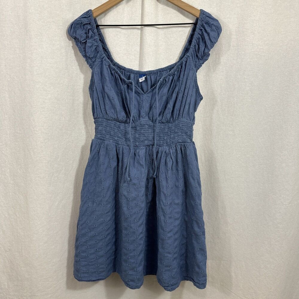 Old Navy Blue Smocked Waist Milkmaid Mini Dress Womens Sz L Embroidered Peasant